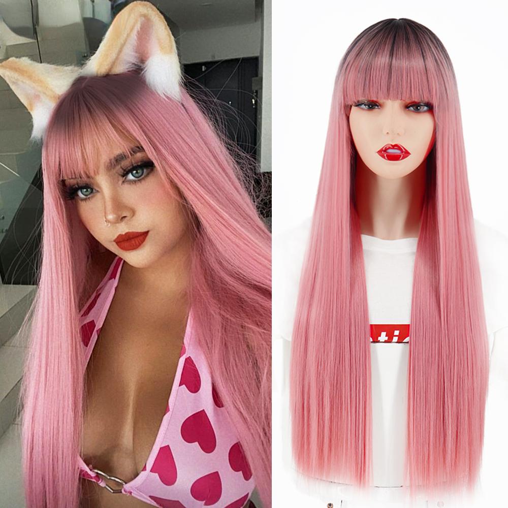 MERISIHAIR Brown Long Straight Wig with Blunt Bangs Synthetic Heat Resistant Fiber Wig for Women Daily Wear