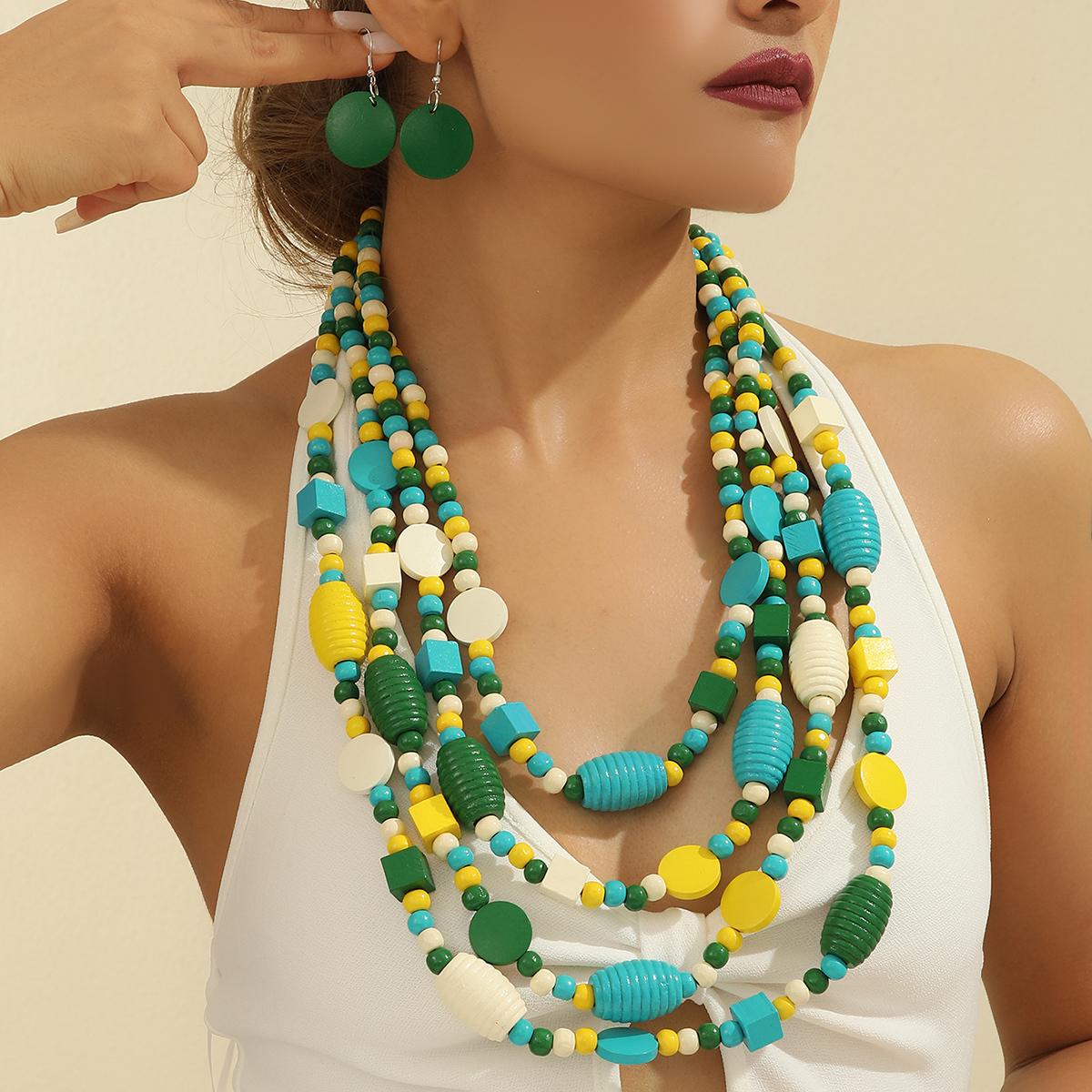 Vacation Style Jewelry Bohemian Fresh Multi-layer Wooden Bead Handmade Necklace and Earring Set for Women зелёный