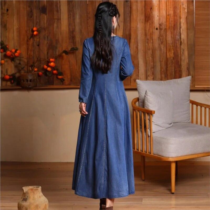 Johnature Žena Jaro v čínském stylu Spona Vylepšení Vintage výšivka Bavlna s dlouhým rukávem Šaty A-Line