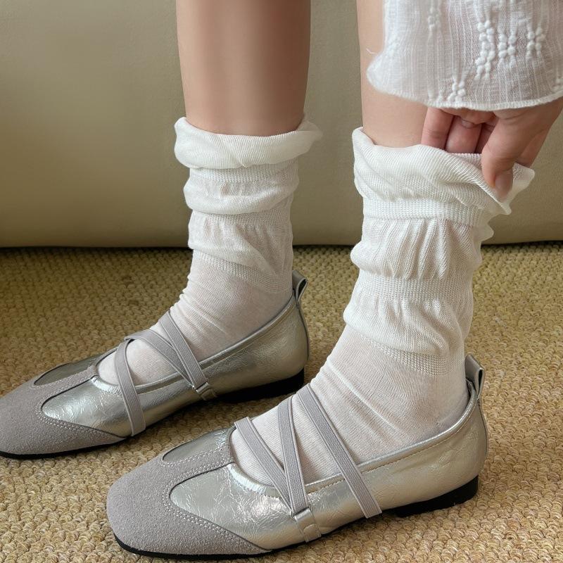Spring and Summer White Stockings for Children, Long-legged with Geometric Lace Edging, Pure Cotton, Anti-Spangling, Bone-Free Women's Stockings