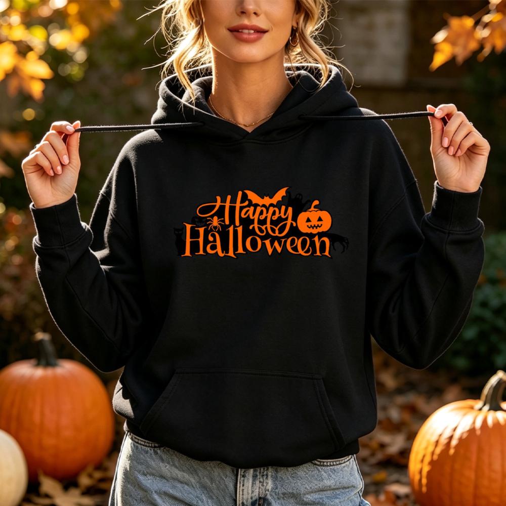 Felice Halloween Felpa con Stampa di Lettere Donna Felpa con Grafica di Zucca e Pipistrello Stagione Spettrale Manica Lunga Tasca Felpa con Cappuccio Top Casual