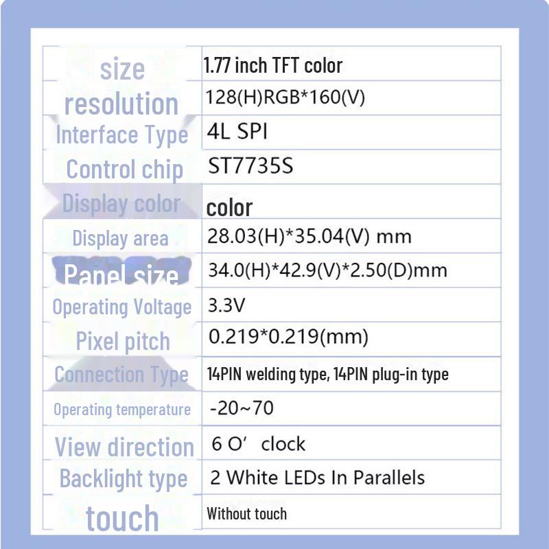 1.8-inch TFT LCD Screen with SPI Interface and ST7735S Driver, 128x160 Resolution, Plug-and-Play