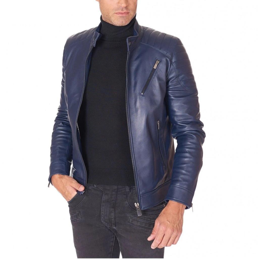 Men's Jacket Navy Blue Handmade Leather Genuine Lambskin Biker Stylish Soft Fit