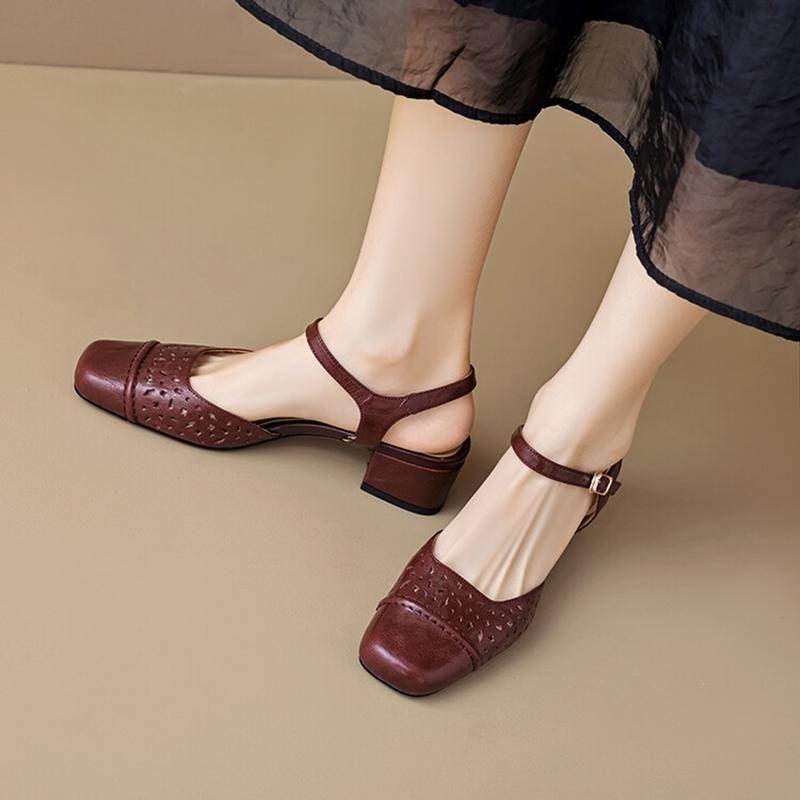 Móda NOVÉ Letní Dámské Sandály Semišové Boty pro Ženy Čtvercová Špička Robustní Podpatek Boty Elegantní Krytá Špička Nazouvací Duté Sandály