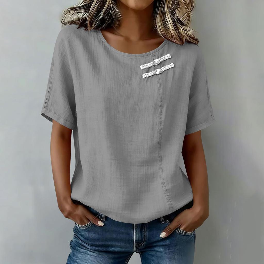 Women Short Sleeve Round Neck Button Shirt Casual Linen Blend Top Lightweight Breathable Summer Blouse with Decorative Buttons