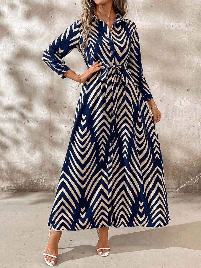 Women's Striped Long Sleeve Shirt Dress with High Slit and Belt