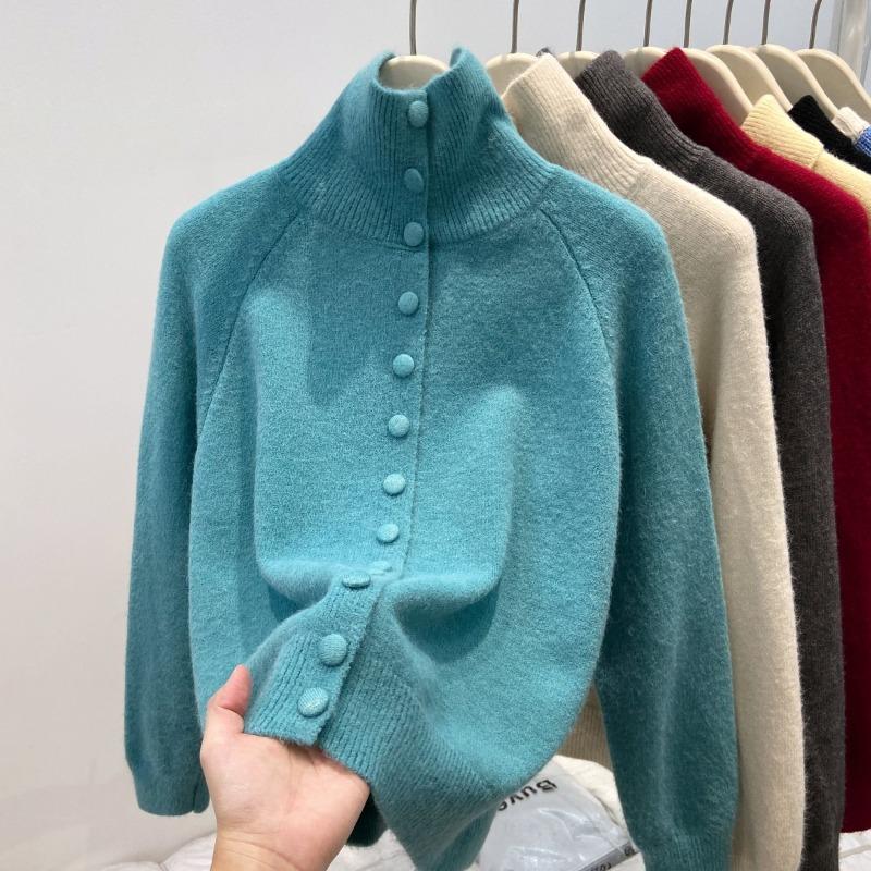 Turtleneck Thickened Sweater Jacket Women's Spring Single-breasted Knitted Cardigan Top Large Size Soft Waxy Sweater