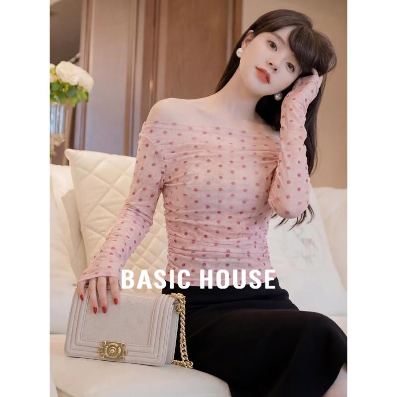 Базовая женская футболка Basic House в горошек с открытыми плечами и длинным рукавом L