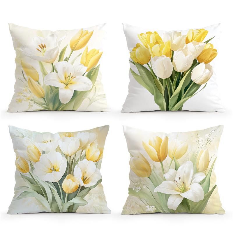Tinika Chen Unisex Yellow Vibrant Tulip Pillow Covers 45*45Cm Flowers Decorative Throw Pillow Case For Sofa Couch Decor Outdoor Patio Supplies