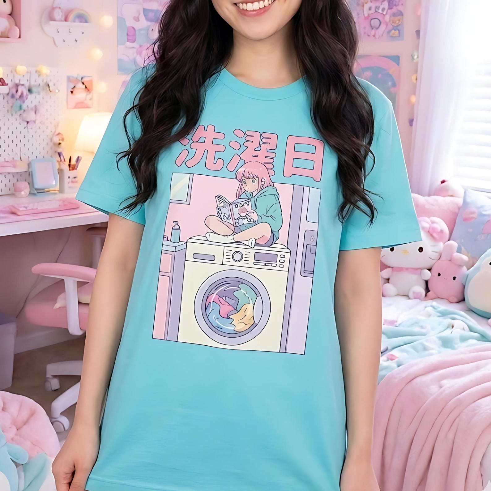 90s Retro Anime T-Shirt | Lo-Fi Laundry Day Aesthetic | Cute Manga Girl Reading | Japanese Streetwear Pastel Goth | Soft Unisex Cotton Tee L