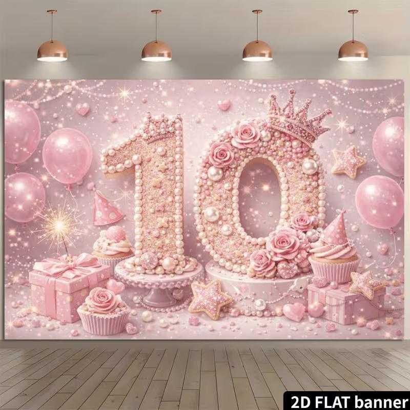 2D Prinzessinnenkrone Rosa Glitzer 10. Happy Birthday Hintergrund Banner Fotokabine