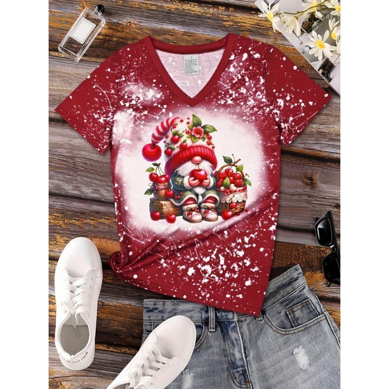 Summer V-neck 3D Christmas Printed Top Fashionable Casual Short Sleeved Women's T-shirts