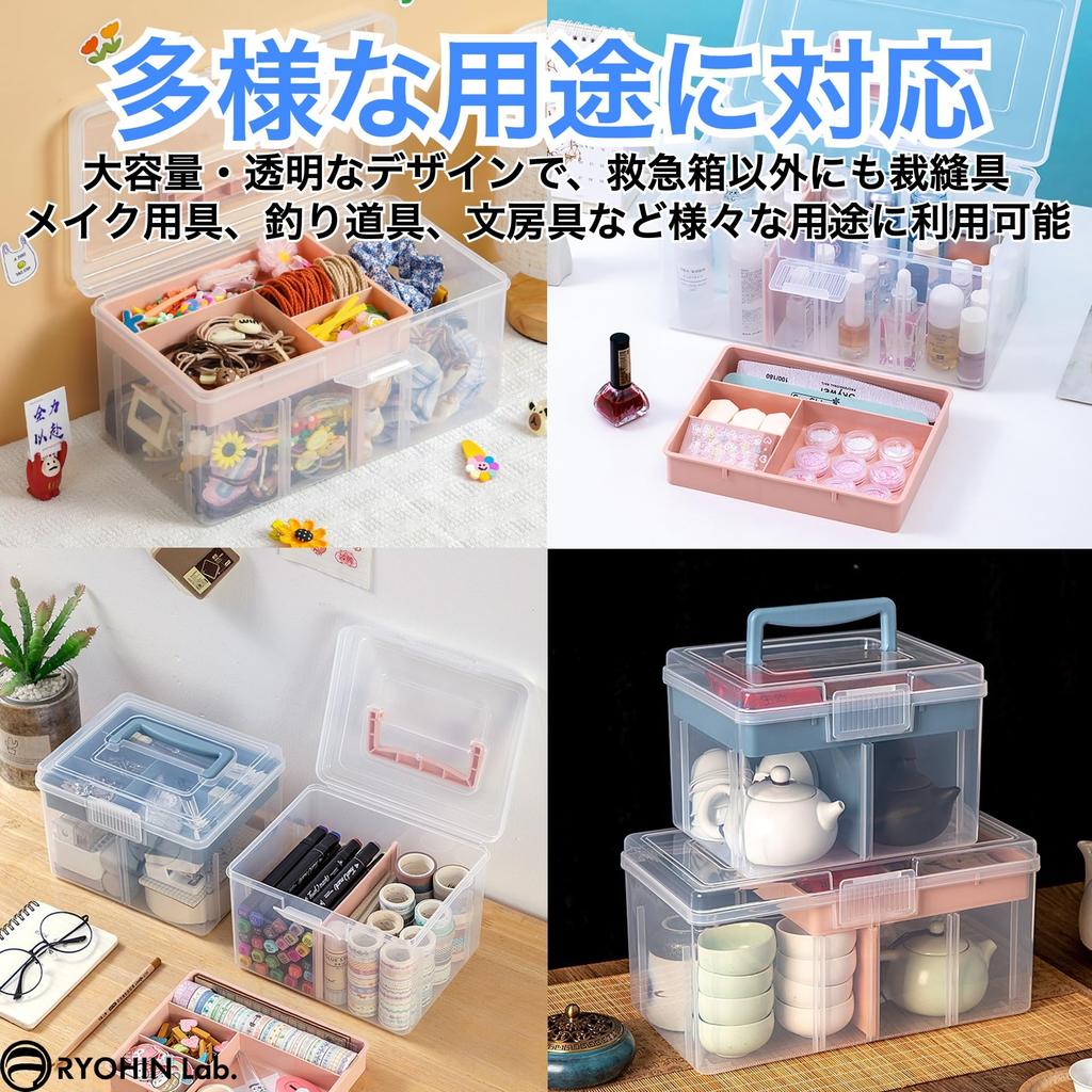 RYOHIN Lab. Stylish Medicine Box, First Aid Kit, Large Capacity, Transparent, Multi-Function Storage Case, Cute, Nordic Design, 1 Piece (Pink, Small)
