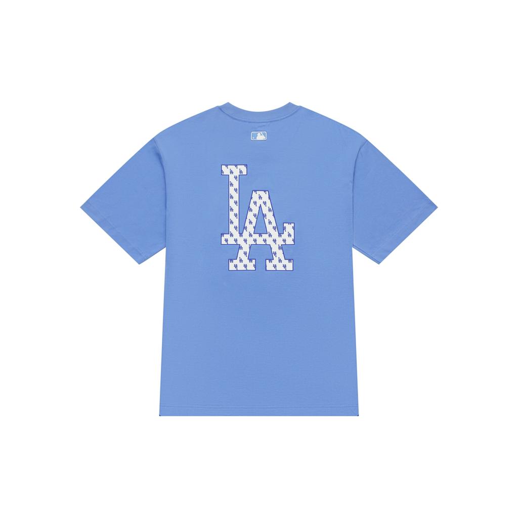 MLB Monogramme Vintage Los Angeles Dodgers SS24 Rétro Américain Dopamine Grande Impression Logo Col Rond Manches Courtes T-shirt Unisexe Hauts Bleu 3ATSM0343-07BLM
