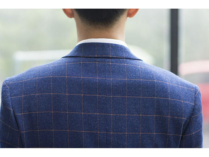 Men's Blue Plaid Slim Fit Blazer & Suit Set - Korean Style Two-Button Casual Tuxedo