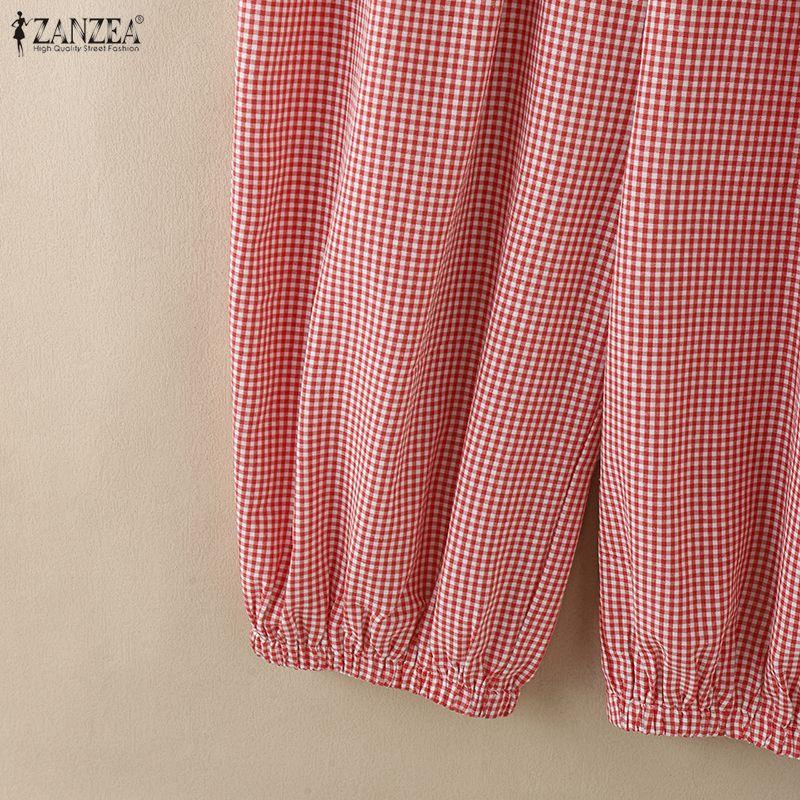 ZANZEA Women Casual Round Neck Short Sleeve Loose Grid Print Jumpsuits