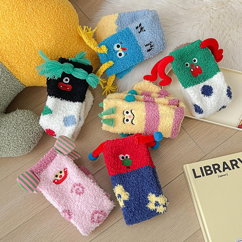 Cartoon Sausage Dog Coral Fleece Socks For Women Middle Tube Thickened Sleep Socks Home Floor Socks