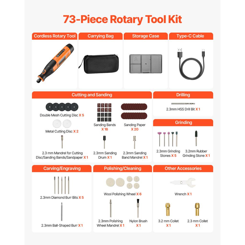 SucceBuy 73-Piece Cordless Rotary Tool Kit 5-Level Speed 7000-20000 RPM Multi-Purpose DIY Tools for Engraving Sanding Polishing