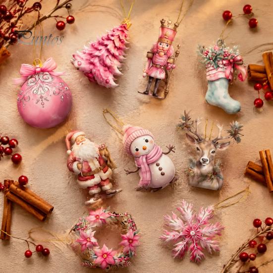 Christmas Tree Baubles 12/24/36Pcs Pink Wooden Ornaments Set, Snowman Santa Hanging Aesthetic Decors, Xtmas Hanigings with Ropes for Home Decor