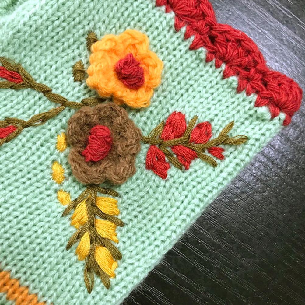 Vintage Multicolor Knitted Gloves with Floral Winter Warm Fingerless Gloves Knit Gloves for Girls Women
