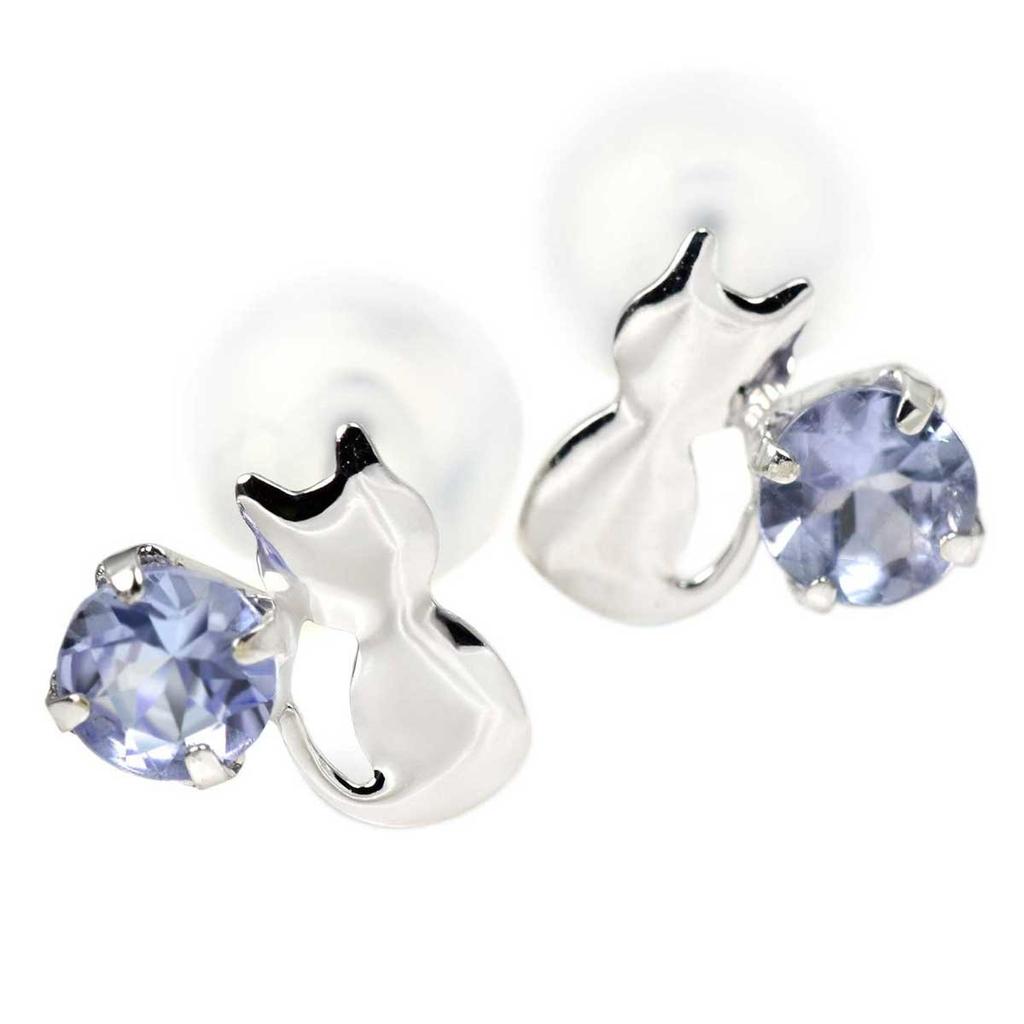 Platinum Cat Silhouette Stud Earrings for Both December Birthstone Tanzanite Ears,