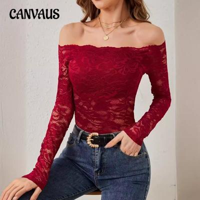 Women's Elegant Scalloped Neck Edge One Neck Strapless Lace Slim Slim T-Shirt Long Sleeve Top