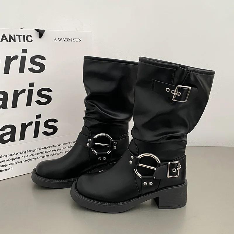 

Женские ботинки до середины икры на толстом каблуке, модные, с пряжкой, обувь, осенне-зимние, женские ковбойские ботинки в западном стиле 40 чёрный