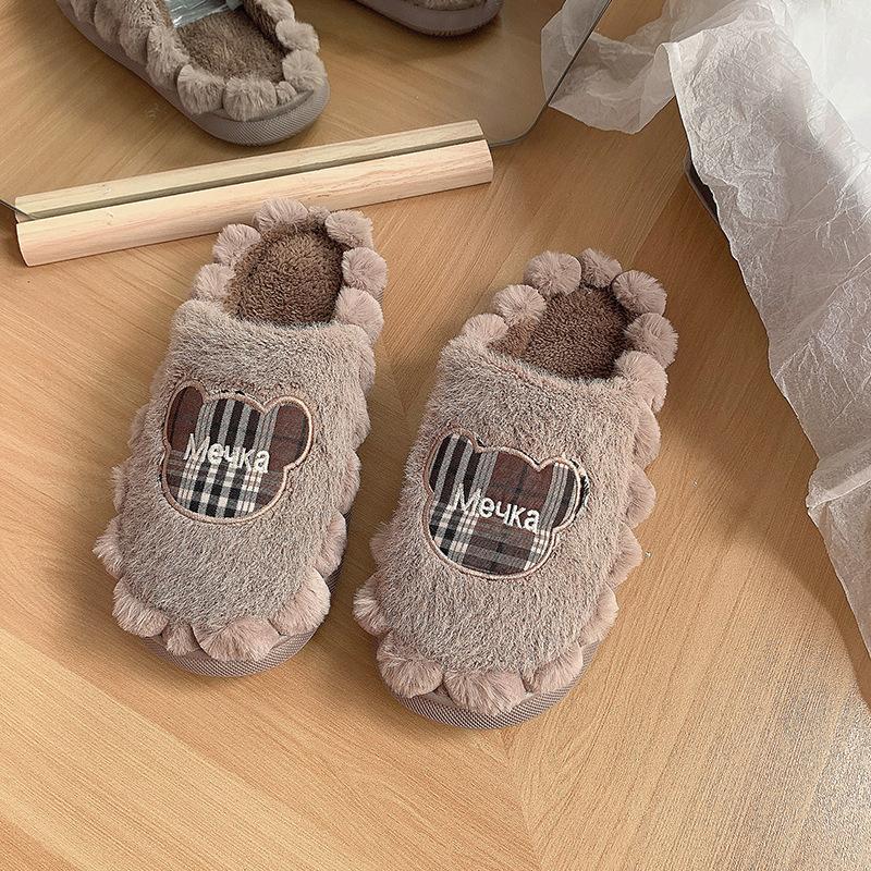 2025 new autumn and winter plush bow cotton slippers women's plush thickened non-slip warm can be worn outside women's cotton mop