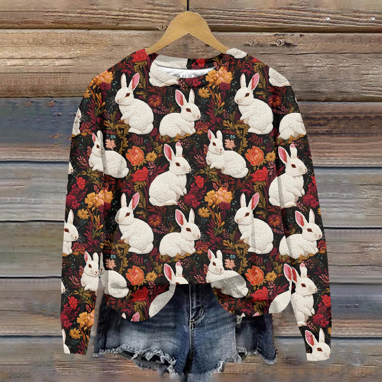 

Женская мода Пасха Печатный Длинный рукав Свободный круглый вырез Толстовка Топ M кофейный