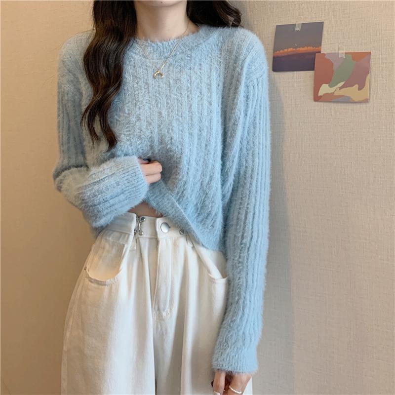 Y2K Cropped Sweater Pink Furry Solid Korean Fashion Pullover Knitted Sweaters Autumn Winter Long Sleeve Harajuku Jumper Sweater
