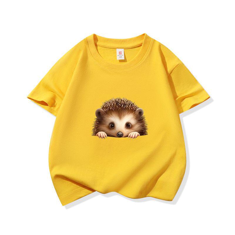 Kids Cotton T Shirt Cute Peeking Hedgehog Print Crew Neck Short Sleeve Tee Casual Breathable Boys Girls Summer Tops