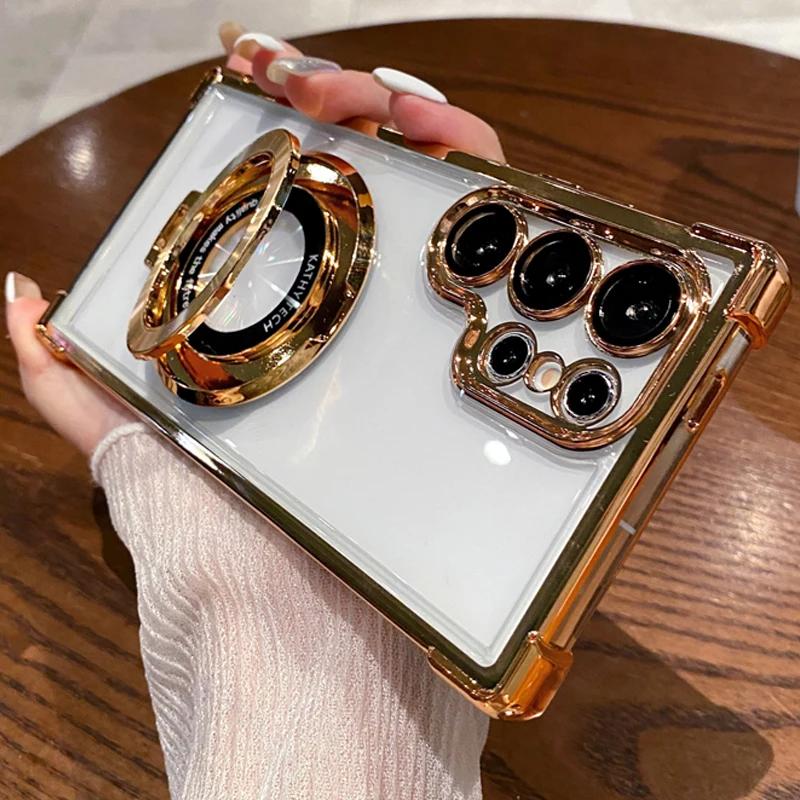 

Противоударный прозрачный чехол с гальваническим покрытием и магнитной подставкой с воздушными подушками на четырех углах для Samsung Galaxy S23 S23 S24 Ultra S24