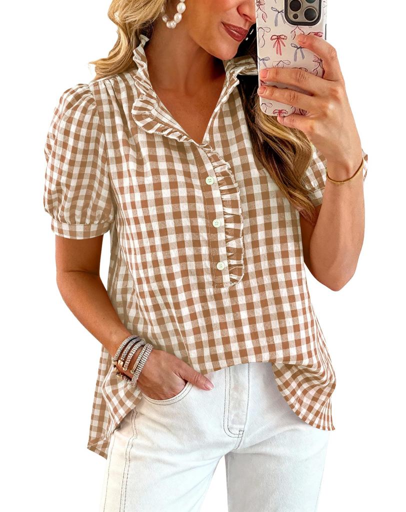 Women Plaid Print Blouse Ruffled Collar Short Sleeve Button Down Casual Shirt