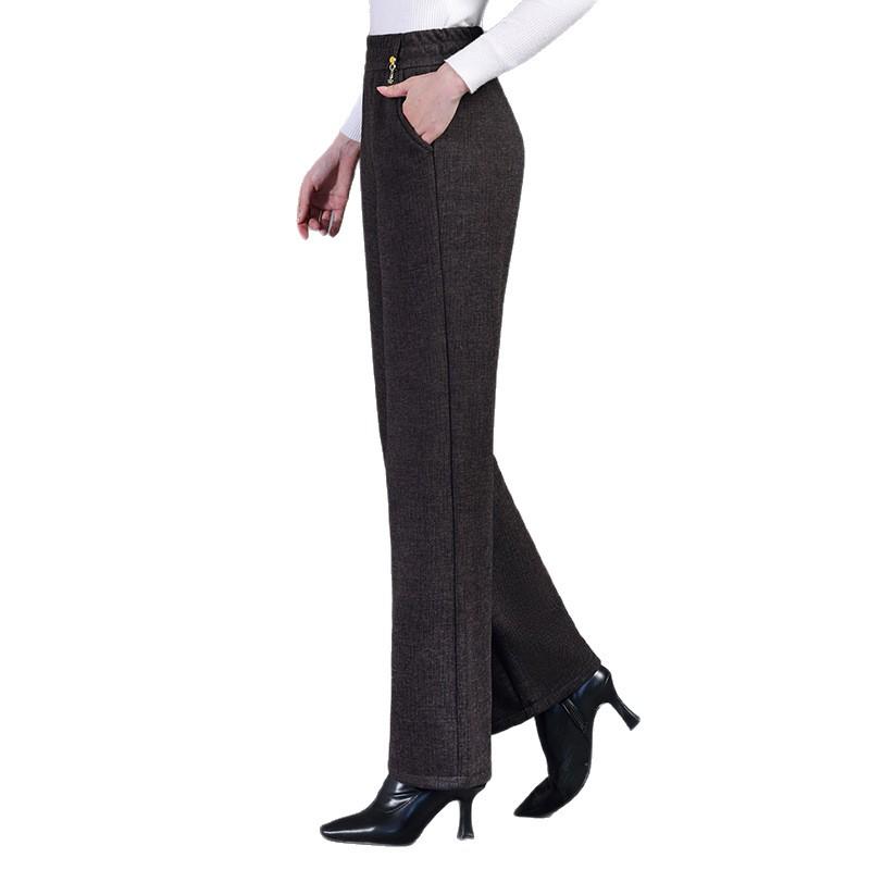 2025 Autumn/Winter Women's Solid Elastic Waist Straight-Leg Pants, Plus Velvet Thickened for Warmth, Ideal for Middle-Aged Mothers