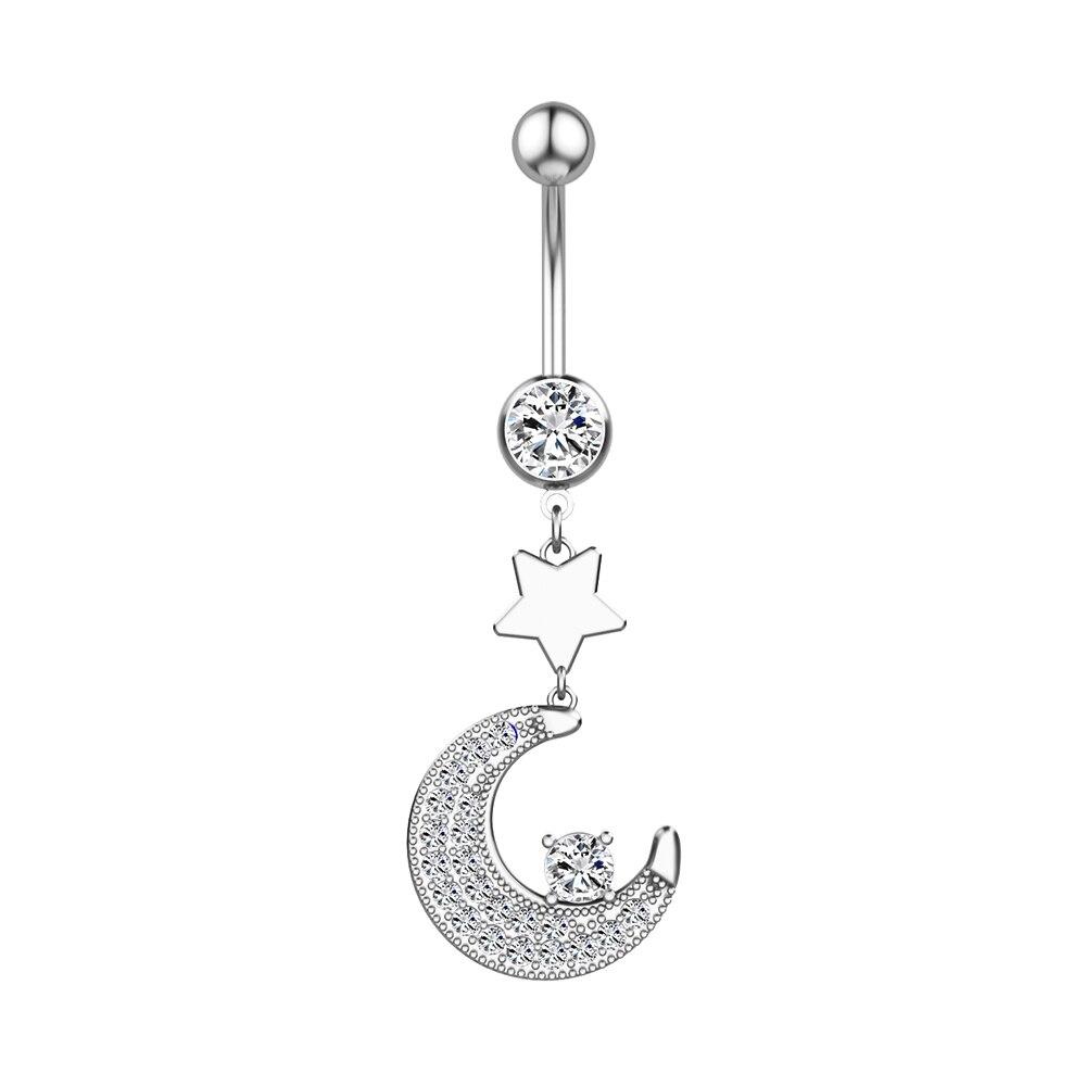 1pcs Moon Belly Button Rings 316L Steel Zircon Pendant Navel Piercing Ring for Women Body Belly Piercing Jewelry Silver Color