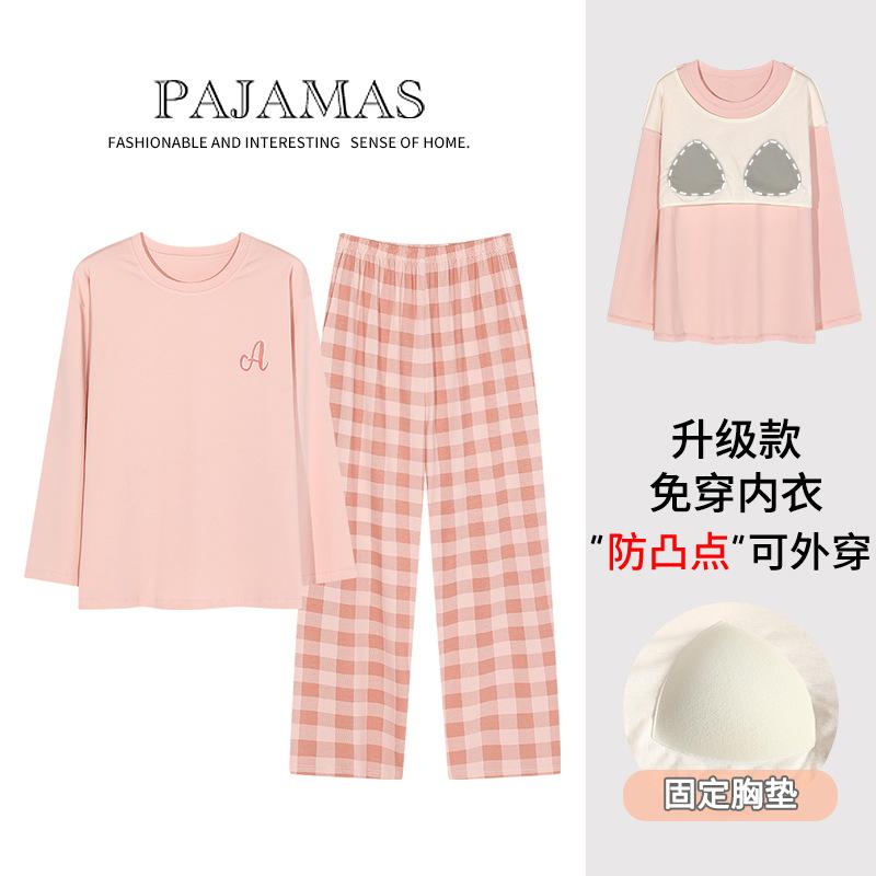 Pyjamas mit integrierten Brustpolstern Reine Baumwolle Langärmelig Damen Freizeit-Loungewear Damenmodelle
