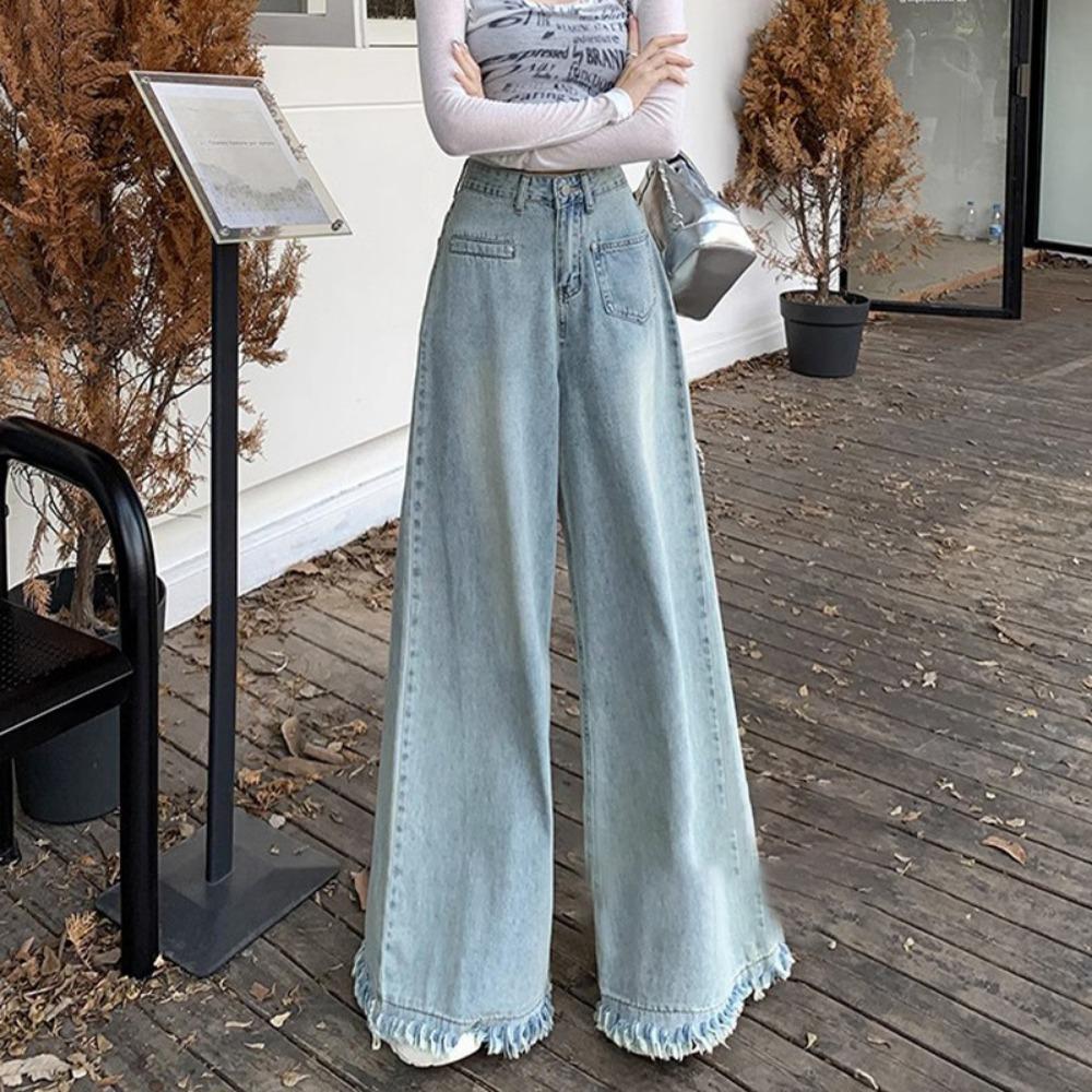 

Дизайнерские джинсы с необработанным краем и широкими штанинами, женские, маленькие, с высокой посадкой, узкие, свободные, драпирующиеся, прямые, моп-брюки, тренд 2XL светло-синий