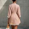 Women's Printed V-Neck Lace Trim Three-Quarter Sleeve Cotton Linen Loose Fit Short Dress with Belt for Summer Vacation