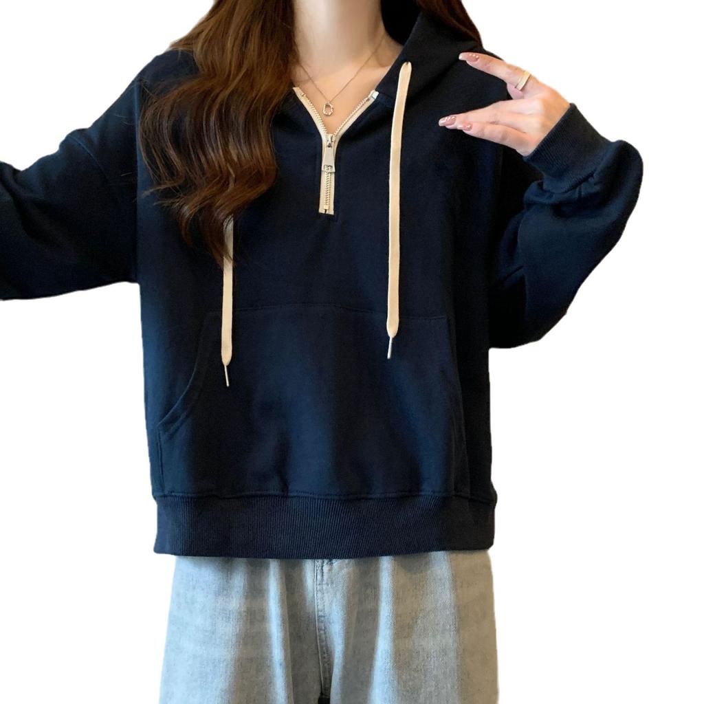 Women's Half-Zip Hooded Sweatshirt - Lightweight, Trendy Loose-Fit Long Sleeve for Spring & Autumn 2023