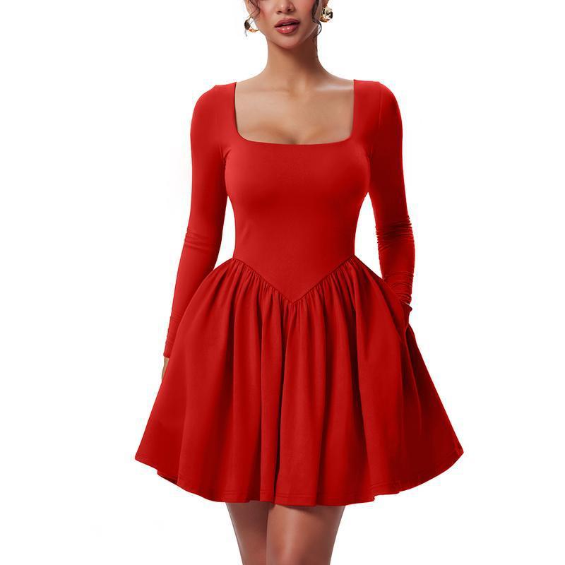 2026 European Fashion Women's Slim Fit Knit Bandage Dress with Square Neck and Long Sleeves