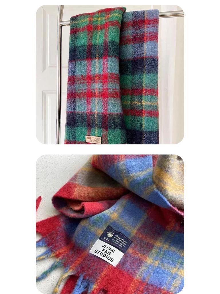 Cozy Plaid Wool-Blend Scarf: Warm, Furry, and Trendy Shawl for Autumn and Winter