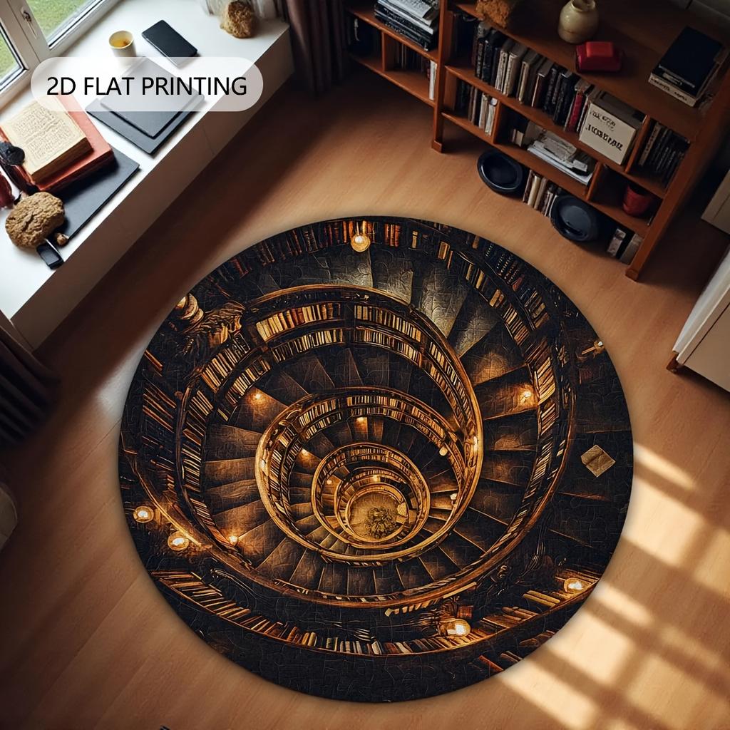 Library Spiral Staircase Round Rug Flannel Study Room Home Office Decor 3D Illusion Bookshelf Design Intellectual Atmosphere