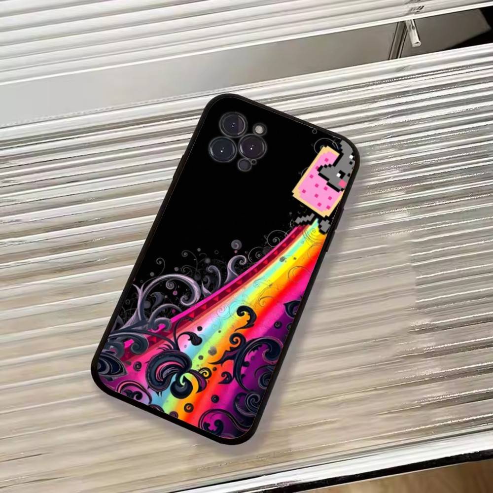 Cute N-Nyan Cat Phone Case For iPhone 17,16,15,14,13,12,11 Plus,Pro Max,XS,Soft Silicone Black Cover