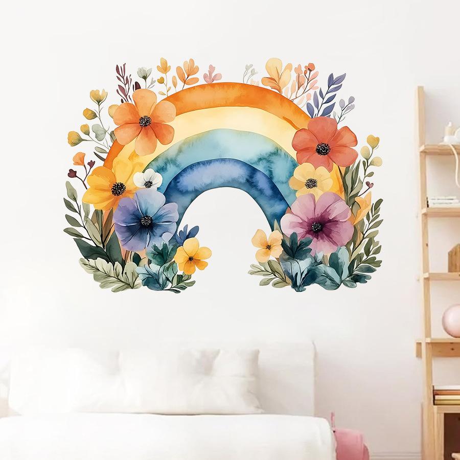 Adesivi Murali Arcobaleno Floreale Acquerello Cartone Animato, Decorazione Autoadesiva per Parete di Sfondo della Stanza dei Bambini, Decorazione per Scuola Materna