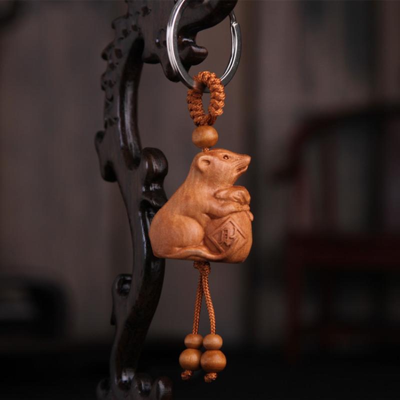 Animal Creative Fengshui Ethnic Lucky Mascot Gift Car Key Ring Chinese 12 Zodiac Keychain Engraving Wood Keyring