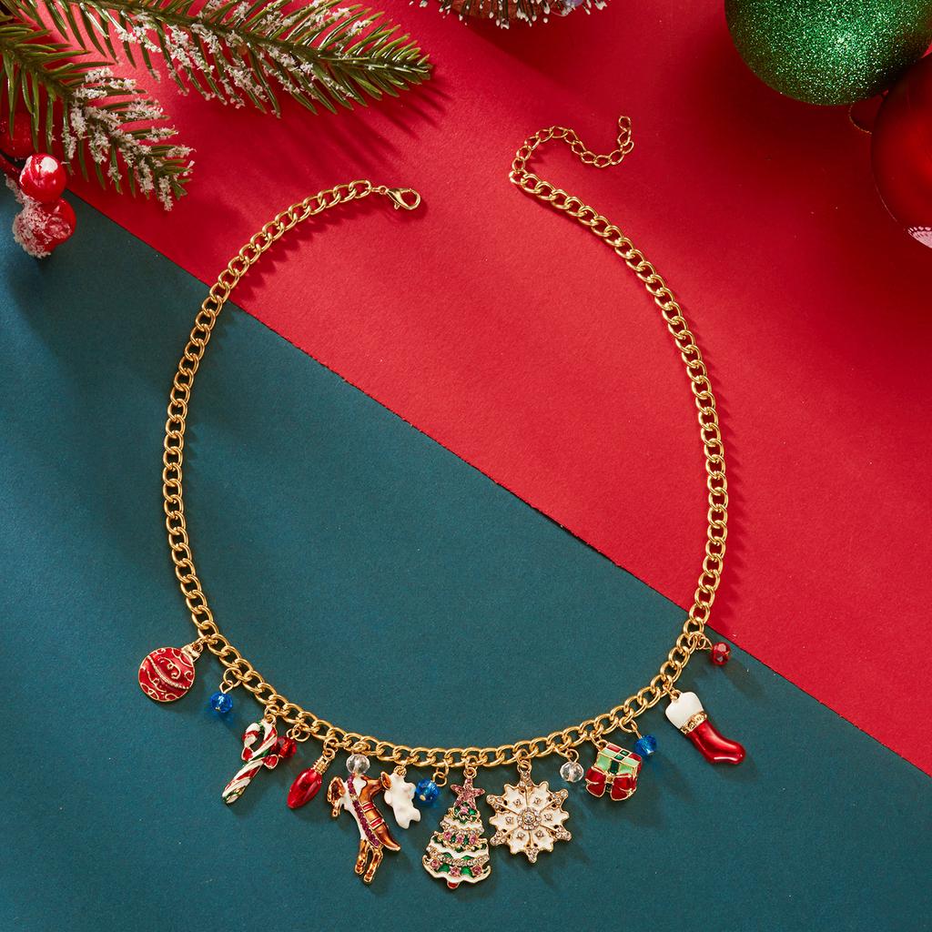 Delicate Christmas Tree Snowflake Elk Crystal Pendant Necklace for Women Fashion Xmas Metal Imitation Pearl Chain Party Jewelry
