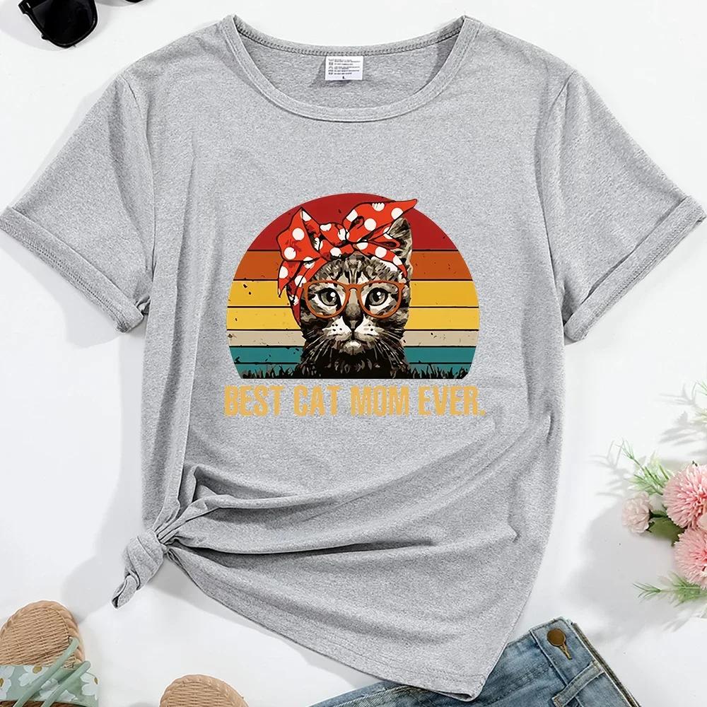Camiseta de mujer con estampado de el mejor gato mamá de todos los tiempos ropa de calle informal con cuello redondo camisetas