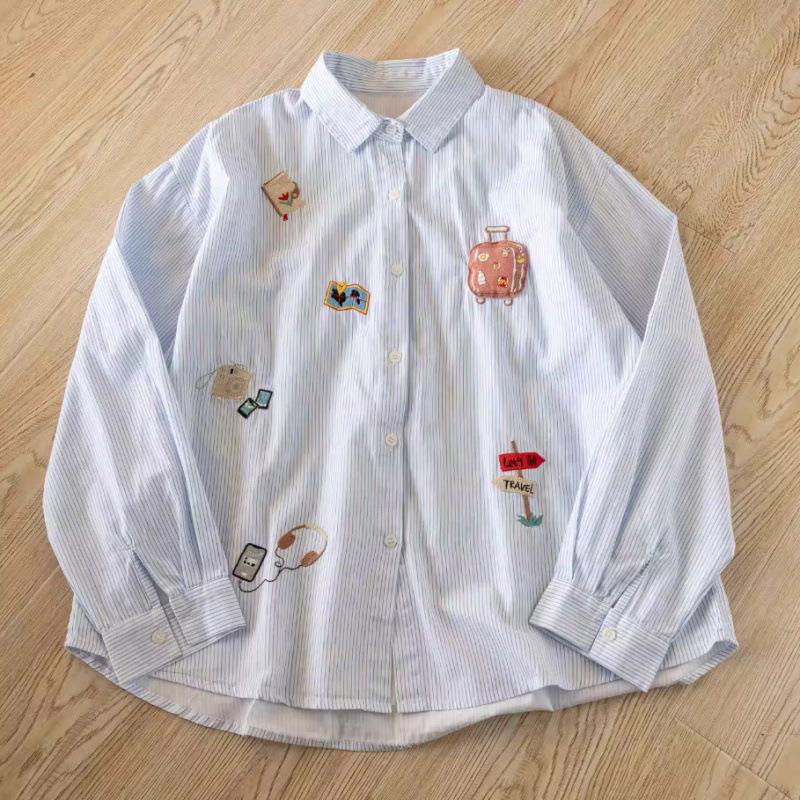 Spring 2026 Slimming Striped Children's Literary Style Women's Embroidered Long Sleeve Shirt