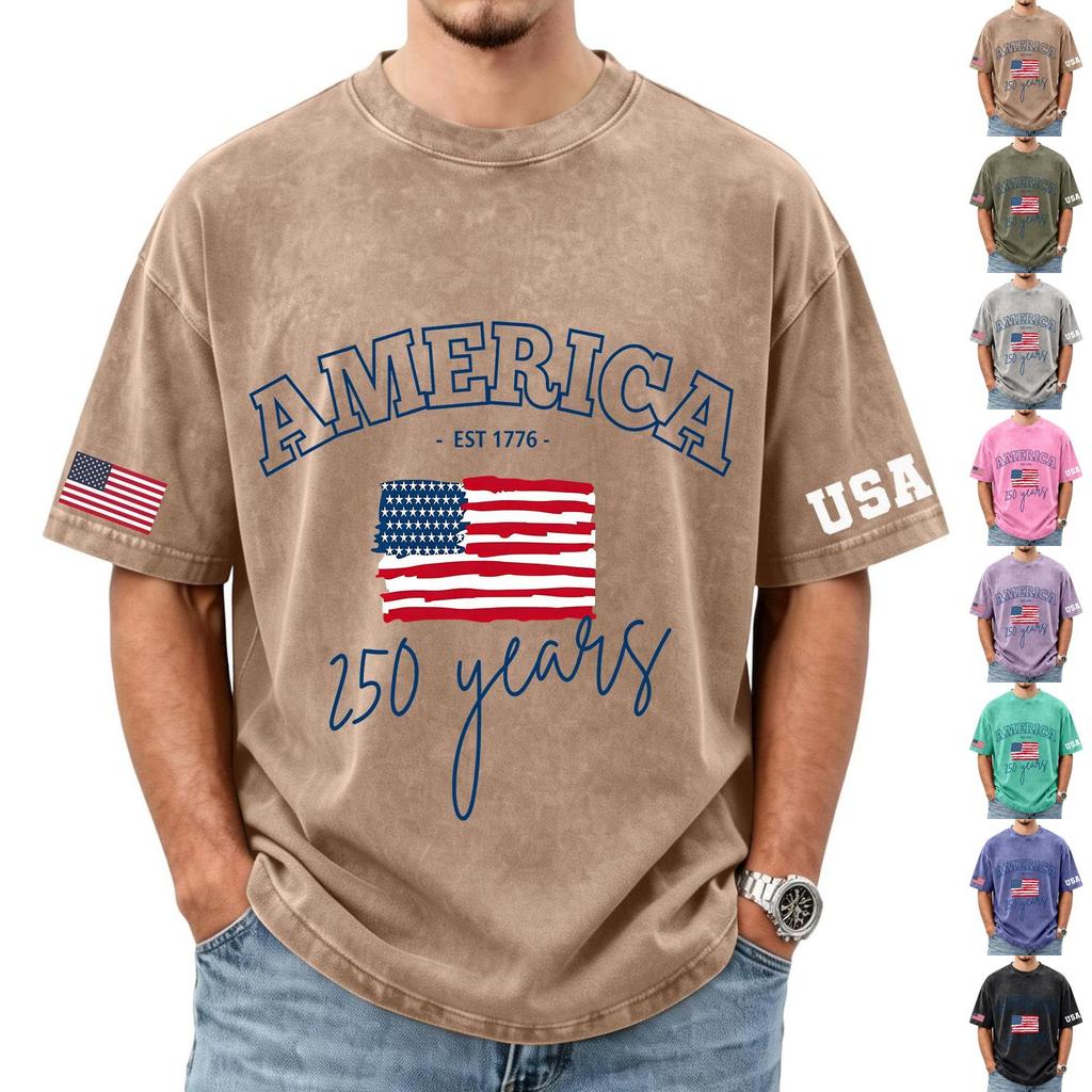 Herren lockeres und lässiges T-Shirt mit Flaggen-Buchstaben-Print - Trendiges gewaschenes kurzärmeliges Oberteil für Herren
