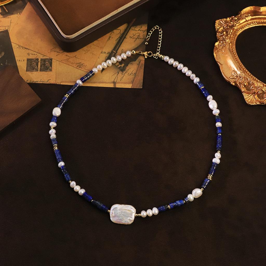 Natural Lapis Lazuli Beads Baroque Freshwater Pearl Necklace for Women Daily Banquet Vacation Retro Necklace Fashion Jewelry